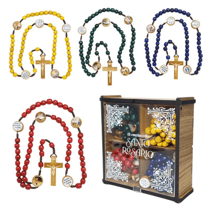 Combo Rosário em 4 Terços Coloridos com Mistérios com Caixa em MDF