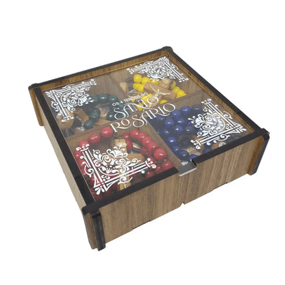 Combo Rosário em 4 Terços Coloridos com Mistérios com Caixa em MDF